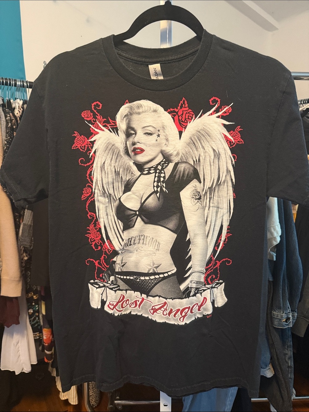 Gildan Black Women's 'Lost Angel' Tee with Red & White Graphic